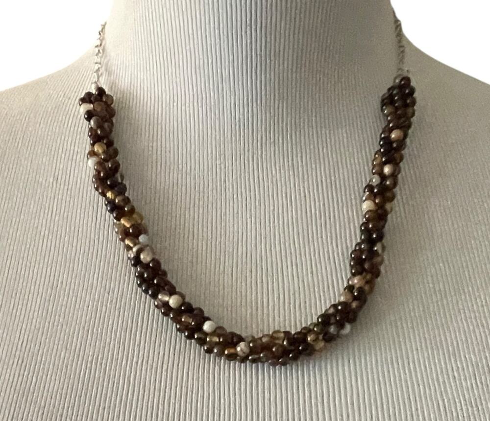 JTV New Chocolate Brown Banded Agate Knitted Necklace Sterling Silver NIB Box